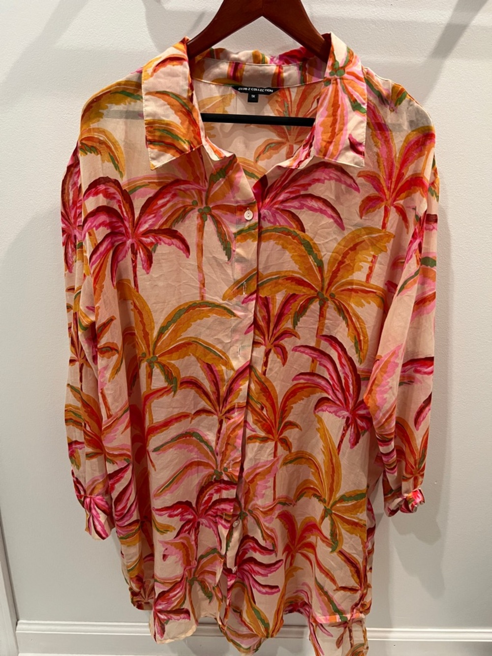 Button-Up Palm Print Beach Cover up in tropical colors Coral, Pink & Orange